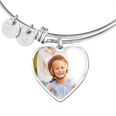 🐣. Offer Xtras! Engraved Photo Upload Heart Shaped Pendant Bangle Bracelet for $39.95 #mallardmoon Heart Bangle Bracelet, Heart Pictures, Photo Engraving, Heart Pendant Gold, Luxury Necklace, Silver Heart Pendant, Bangle Bracelets With Charms, Photo Heart, Heart Shape Pendant