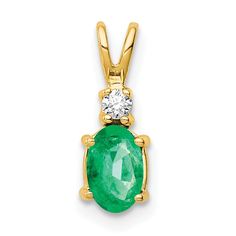 14k Yellow Gold Oval Emerald Diamond Pendant Emerald Diamond Pendant, Jewelry Emerald, Colorful Gemstones, Pendant Diamond, Birthstone Earrings, Emerald Pendant, Vs Diamond, Elegant Pendant, Birthstone Earring