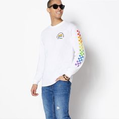 New Specs In The Photos White Cotton T-shirt With Rainbow Print, White Graphic Tee With Rainbow Print, Casual Rainbow Cotton Tops, Casual Rainbow Crew Neck Shirt, Casual Rainbow Crew Neck Tops, Pride Graphic Print Cotton Tops, Cotton Pride Graphic Print Tops, Pride Cotton Tops With Graphic Print, Casual Rainbow Relaxed Fit Top