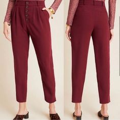 These Pants Are Brand New With Tags. If You Have Any Questions Please Message Me. Measurements Waist- 34.5" Rise- 14" Inseam- 25" Burgundy Bottoms For Fall Workwear, Burgundy Pants For Work In Fall, Red Buttoned Bottoms For Work, High Waist Burgundy Bottoms For Work, High Waist Burgundy Workwear Bottoms, Red Fall Bottoms With Button Closure, Chic Burgundy Pants With Pockets, Burgundy Workwear Bottoms With Pockets, Burgundy High-waist Bottoms For Work