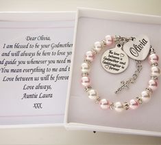 This beautiful pearl bracelet would make a stunning gift and keepsake for your special Goddaughter either on a Special day or just to show how much she means to you. The bracelet is made using 8mm white and rosaline pink pearl (for sizes under 6 inch 6mm pearls will be used ) The charms are stainless steel , please leave the engraving details you require ie.. Name in the box on the listing. Please choose the size you require from the drop down box to order. Your bracelet will be delivered in a b Adjustable Pearl Bracelet For Mother's Day, Personalized Adjustable Pearl Bracelet For Mother's Day, Adjustable Pearl Bracelet As A Gift, Silver Pearl Bracelet For Mother's Day, Adjustable Pearl Bracelet For Anniversary And Mother's Day, Mother's Day Personalized Pink Charm Bracelet, Adjustable Pearl Bracelet For Mother's Day Anniversary, Adjustable Pearl Bracelet For Wedding On Valentine's Day, White Pearl Bracelet For Wedding And Valentine's Day