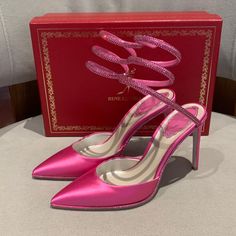 New Authentic Rene Caovilla Satin Crystal Strass Mule. Beautiful And Sparkly! These Are More Amazing In Person. Don’t Miss Out! Size 36.5, Heel Height 100mm. Color Is Fushia/Rose. Comes With Original Box And Dust Bag. Relist Again Due To The Buyer Backed Out. Follow Or Dm Me On Instagram @Always_happy111 Rene Caovilla Heels, Caovilla Shoes, Rene Caovilla Shoes, Heels Aesthetic, Black Patent Pumps, Closed Toe Heels, Silver High Heels, Crystal Heels, Crystal Sandals