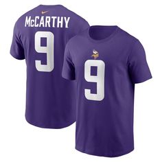 Welcome the newest member of the Minnesota Vikings family with this J.J. McCarthy 2024 NFL Draft First Round Pick Name & Number T-Shirt. Inspired by the jersey worn on-field by the Minnesota Vikings, this is the perfect way to show your excitement for J.J. McCarthy's arrival. The durable cotton design and screen print graphics ensure this shirt provides comfort and style for years to come. Nike Sports Fan T-shirt With Team Name, Game Day Jersey T-shirt With Team Logo, Sports Event Jersey T-shirt With Team Logo, Fan Merchandise Jersey With Letter Print, Letter Print Fan Apparel Jersey, Fan Apparel Jersey With Letter Print And Short Sleeves, Crew Neck Cotton Jersey With Team Logo, Short Sleeve Jersey With Graphic Print For Fans, Graphic Print Short Sleeve Jersey For Fan Gear