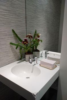 a white sink sitting under a mirror next to a wall mounted toilet paper dispenser