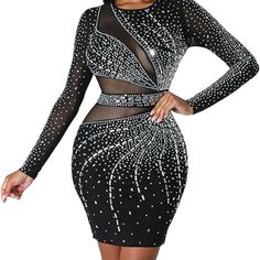 Never Worn. Heavy Quality Rhinestones. Lot Of Stretch. Black Rhinestone Mini Dress For Party Season, Black Mini Dress With Rhinestones For Party Season, Black Long Sleeve Dresses With Rhinestones, Black Rhinestone Bodycon Dress For Evening, Black Rhinestone Dresses For Party Season, Black Long Sleeve Mini Dress With Rhinestones, Black Rhinestone Dresses For Club, Black Rhinestone Bodycon Cocktail Dress, Black Rhinestone Dress For Club