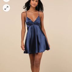 Fitted Empire Waste With V-Neckline And Adjustable Spaghetti Straps V-neck Slip Dress For Night, Flirty V-neck Slip Dress For Night, Blue V-neck Slip Dress For Brunch, Flirty Blue V-neck Mini Dress, Blue V-neck Mini Dress For Date Night, Flirty V-neck Slip Dress For Cocktail, Flirty V-neck Cocktail Slip Dress, Blue V-neck Slip Dress For Party, Casual Satin Mini Dress With V-neck