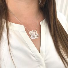 "The latest among my designs! This Sterling Silver Monogram is crafted by hand with a finishing touch of plating in your desired choice of Silver, Gold Vermeil, or Rose Gold. Comes with a matching chain included. * Material: 925 Sterling Silver * Monogram Size: 1.25\" * Chain: 14\", 16\", 18\" and 20\" * Color: Silver, Gold, or Rose Gold. * Handmade * Great Gift for any occasion. Please send us your personalization notes." Elegant Personalized White Gold Initial Necklace, Elegant Personalized Initial Necklace For Formal Occasions, Elegant White Gold Initial Necklace As Personalized Gift, Elegant White Gold Initial Necklace For Personalized Gift, Elegant Formal Monogram Initial Necklace, Formal Initial Necklace, Elegant White Monogram Jewelry, Elegant Monogram Name Necklace With Initial Pendant, Elegant Monogrammed Initial Pendant Name Necklace