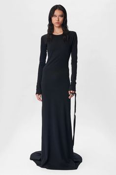 Women's Jesse X-Long Sleeve Long Flared Dress - Runway Style - Black - Round Neck - Long Sleeves - Draped Back - Flared Skirt - Floor Length - 100% Cotton - Made In PortugalModel wears Italian size 40Height: 177 cmWaist: 59 cmHips: 86 cm Long Flared Dress, Jersey Skirt, Runway Dresses, Flared Dress, Ann Demeulemeester, Draped Dress, Knitwear Tops, Flared Skirt, Long Maxi Dress