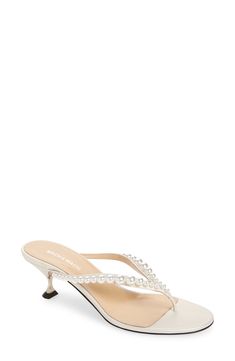 Get ready to say 'I do' to the big-day energy of this gorgeous kitten-heel sandal with imitation pearls embellishing the thong strap. 2" (55mm) heel Leather upper, lining and sole Made in Italy Designer Shoes Elegant White Kitten Heels With Single Toe Strap, Pearl Open Toe Heels For Evening, Elegant Pearl Sandals For Party, Elegant Open Toe Kitten Heels For Cocktail, Elegant Pearl Heels For Evening, Elegant Summer Cocktail Kitten Heels, Designer Summer Party Kitten Heels, Luxury Low Heel Kitten Heels For Wedding, Glamorous Open Toe Kitten Heels For Wedding