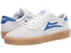 Lakai Cambridge - Men's Shoes : White/Blue Suede : Modern aesthetic meets vintage design with the skate-ready Lakai Cambridge skateboard shoes! Skate shoe in a low-top silhouette featuring a mix of contemporary and classic styles. Uppers of suede, mesh, and perforated synthetic leather. Lace-up closure. Textile lining for breathable wear. DELUX-LITE footbed for cushioned comfort. PARA-MOUNT outsole offers advanced vulcanized technology for grippy performance. Imported. Measurements: Weight: 1 lb Urban Suede Skate Shoes With Rubber Sole, Urban Suede Skate Shoes With White Sole, Suede Skate Shoes With Gum Sole For Sports, Casual High-top Skate Shoes With Perforated Toe Box, Suede Lace-up Skate Shoes For Skateboarding, Low-top Skateboarding Sneakers With Gum Sole, Low-top Sneakers With Gum Sole For Skateboarding, Urban Suede Skate Shoes With Contrast Sole, Suede Lace-up Skate Shoes With Rubber Waffle Outsoles