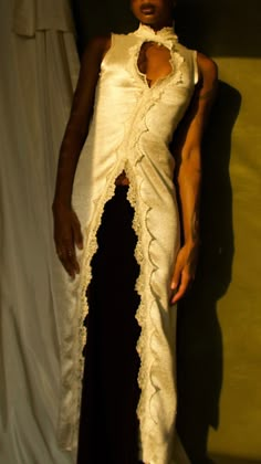 The vibe of a dress that wears like a top Off white piece with golden lace trim High neck, open chest Lined with satin Full lace up back (needs assistance) Fits XS-S Open Chest Dress, Really Pretty Dresses, Sea Core, Crochet Wedding Dress, African Woman Art, Golden Lace, Low Cut Dresses, Chain Dress, Crochet Wedding