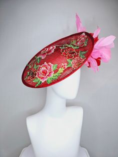 The official milliner of the 2023 Kentucky Derby Museum Gorgeous Kentucky Derby hat fascinator  kentucky derby hat fascinator red sinamay saucer with red green gold  embroidered flowers pink and red feathers headband attachment.  each hat is totally one of a kind! no two are alike! I can probably add feathers, flowers etc to existing hats for a small fee. I cannot remove anything from existing hats. Just message me and see if we can make it work! :) I cannot make custom order from scratch. My sc Red Feathered Fascinator For Kentucky Derby, Red Feather Headpiece For Kentucky Derby, Red Mini Hats For Kentucky Derby Garden Party, Red Feathered Headpiece For Kentucky Derby, Red Fascinator For Royal Ascot Garden Party, Red Fascinator For Garden Party At Royal Ascot, Derby Hats Fascinators, Pearl Jewels, Hat Fascinator