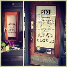 two pictures of the front door of a building with signs on it and flowers in vases