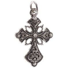 Express your faith and increase your style quotient with this beautiful Cross Charm! This gorgeous charm features an intricate metal design and a single rhinestone in the center. Attach this stunning charm to a handmade bracelet or necklace for an instant touch of glamour!       Details:         Length: 1"       Width: 11/16"       Metal Color: Antique Silver         Card contains 1 charm. Ornate Engraved Cross Pendant Jewelry, Symbolic Cross Charms Jewelry, Antique Silver Nickel-free Cross Pendant Jewelry, Nickel-free Antique Silver Cross Pendant Jewelry, Vintage Cross Charms Jewelry, Antique Silver Cross Symbolic Jewelry, Antique Silver Symbolic Cross Jewelry, Antique Silver Cross Jewelry With Oxidized Finish, Symbolic Antique Silver Cross Jewelry