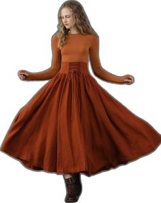 Orange Cotton Skirt For Fall, Flowy Long Skirt Dress For Fall, Long Lined Skirt Dress For Fall, Flowy Skirt Dress For Fall, Long Flowy Skirt Dress For Fall, Fall Long Skirt Lined Dress, Fall Dresses With Gathered Full Skirt, Fall Dresses With Full Gathered Skirt, Winter Brown Lined Maxi Skirt