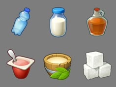 a bunch of different items that are on a gray background, including sugar and milk