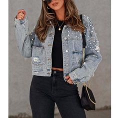 Embroidered Oversized Distressed Pearl Beaded Denim Jean Jacket Coat Boyfriend Style Ripped Star Light Wash Denim Jacket Upgrade Your Fashion Game With This Stunning Embroidered Pearl Beaded Jean Jacket. This Masterpiece Seamlessly Combines The Edgy Charm Of Distressed, Light Wash Denim With The Elegance Of Delicate Pearl Beadwork And Printed Stars, Creating A Unique And Captivating Design That's A True Head-Turner. Our Boyfriend-Style Denim Jacket Is The Epitome Of Relaxed Yet Chic Fashion. The Pearl Denim Jacket Outfit, Embellished Long Sleeve Denim Jacket For Fall, Long Sleeve Embellished Denim Jacket For Fall, Embellished Blue Denim Jacket, Embellished Medium Wash Denim Jacket For Fall, Embellished Medium Wash Denim Jacket For Spring, Embellished Denim Jacket For Fall, Casual Embellished Medium Wash Denim Jacket, Casual Embellished Denim Jacket