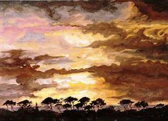 an oil painting of clouds and trees in the distance