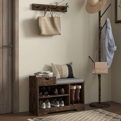 a coat rack with shoes and hats hanging on it next to a wooden bench in front of a door