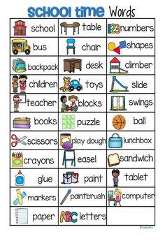 a printable school time word list with pictures and words to describe the different subjects