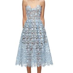 The Dress Features Delicate Spaghetti Straps And The Front Neckline Is Framed With A Scallop Edge. The Skirt Has A Full, Pleated Silhouette And Features A Hand-Cut, Raw Lace Hemline. The Dress Fastens Neatly At The Plunging Back With An Exposed Zip And Contrast Lining. Lined With Nude Stretch-Jersey To The Mid-Thigh, Then Falls To A Sheer Hemline. Us Size 2 Uk Size 6 Pre-Owned But Looks Brand News Midi Evening Dress, Blue Floral Midi Dress, Crochet Midi Dress, Black Lace Midi Dress, Tulle Midi Dress, Cobalt Blue Dress, Geometric Lace, Self Portrait Dress, Scallop Edge