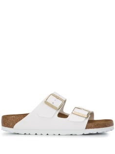 white artificial leather logo print to the side gold-tone hardware strap and buckle fastening moulded footbed branded leather insole cork footbed rubber sole Birkenstock White Sandals, White Birks, White Birkenstock, White Berken Stocks, Birkin Stocks Sandals, Wedding Birkenstocks, Berkin Stocks, Berkinstock Sandals Outfit, Cute Summer Shoes