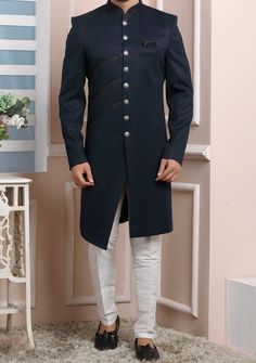 Men's Indo Western Party Wear Sherwani Suit - db20468 Mandarin Neckline, Western Party Wear, Indo Western For Men, Blue Sherwani, Indo Western Sherwani, Plus Size Navy, Mens Sherwani, Silk Pant, Western Party