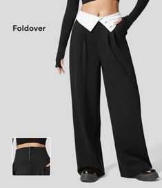 Women’s Halara Flex™ Super High Waisted Foldover Plicated Side Pocket Wide Leg Work Pants - Halara Wide Leg Work Pants, High Waisted Pants Work, Work Suits, Work Trousers, Leg Work, How To Hem Pants, Bleach Wash, Suit Pants, Bottom Clothes