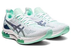 ASICS GEL-Kinsei(r) Blast - Women's Shoes : White/Pure Silver : Step right into style and comfort with the ASICS GEL-Kinsei Blast sneakers. 3D SPACE CONSTRUCTION Improves compression and cushioning at footstrike and reduces pronation. LITE-SHOW technology improves visibility in low-light conditions with reflective details. Textile and synthetic upper. Lace-up closure. Round-toe silhouette. Textile lining and insole. FF BLAST (FLYTEFOAM BLAST) is a lightweight, midsole foam with energetic and hig Dynamic Running Shoes With Gel Cushioning For Workout, Ergonomic Gel Cushioned Running Shoes For Sports, Green Running Shoes With Arch Support For Sports, Green Jogging Sneakers With Gel Cushioning, Green Sneakers With Gel Cushioning For Jogging, Green Gel Cushioned Sneakers For Jogging, Green Low-top Running Shoes With Gel Cushioning, Green Running Shoes With Gel Cushioning For Light Sports, Ergonomic Running Shoes With Gel Cushioning For Light Sports