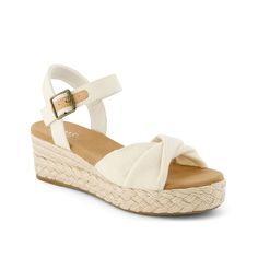 TOMS-Kinsley Wedge Sandal - Women's Strut like a diva in the Kinsley wedge sandal from Toms. A pure cotton upper in a two-piece silhouette, sustainable OrthoLite Eco X40 Hybrid footbed, espadrille-themed rope-covered midsole, and durable sole make this adjustable sandal versatile. Cute Dressy Shoes, Wedge Shoes For Women, Wonyoung Closet, Short Wedges, Dressy Shoes, Cork Wedges Sandals, Cute Heels, Shoe Inspo, Dream Engagement