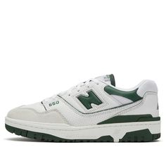 If you're looking for a classic sneaker with a modern touch, the New Balance 550 'White Green' is perfect for you. This shoe features white leather and forest green accents, making it perfect for any outfit. The low-profile silhouette and rubber cupsole provide superior comfort and durability, while the soft EVA cushioning ensures hours of cushioned wear. New Balance 550 White Green, Green New Balance, New Balance 550 White, Bar Fits, Girls Shoes Sneakers, Girls Heels, Black Gums, Everyday Shoes, Swag Shoes