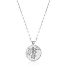 "Bask in the gentle embrace of dawn with our exquisite \"Day\" necklace. Crafted from sterling silver with meticulous attention to detail, this pendant is inspired by Bertel Thorvaldsen's iconic relief depicting the arrival of daylight. At the heart of this design, the goddess Aurora gracefully ushers in the new day, with her radiant figure adorned by the brilliance of the morning sun. Behind her, Cupid rides, a symbol of love and renewal, as the celestial scene unfolds. With its delicate 1-inch Sterling Silver Tarnish Resistant Medallion Necklace, Tarnish Resistant Sterling Silver Medallion Necklace, Symbolic Silver Medallion Necklace, Symbolic Silver Medallion Necklace Tarnish Resistant, Symbolic Silver Tarnish-resistant Medallion Necklace, Symbolic Silver Tarnish Resistant Medallion Necklace, Sterling Silver Medallion Necklace With Polished Finish, White Gold Medallion Necklace With Large Pendant, Timeless Silver Medallion Necklaces