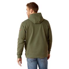 Soft, durable, and with built-in stretch, this flame-resistant hoodie leaves nothing on the table. With the safety features you need for work, and the comfort you want for everyday, it's an easy go-to when the day demands a little extra warmth. FR Solid Hoodie | Product Features : 0 : Greater Arm Mobility™ lets you move freely|FUZE™ permanent and chemical-free odor-resistance, 1 : Ribbed cuffs and hem, 2 : Kangaroo pocket | Men's FR Solid Hoodie in Beetle 11 oz ultra-soft fleece with stretch. Du Ariat Hoodie, Flame Resistant Clothing, Sweat-resistant Hooded Hoodie For Outdoor, Green Moisture-wicking Hoodie For Outdoor, Green Long-sleeve Hoodie For Outdoor, Degree Burns, Fleece-lined Long Sleeve Hoodie For Outdoor, Solid Hoodie, The Freedom