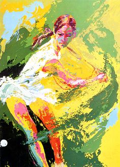 a painting of a woman playing tennis on a green and yellow background