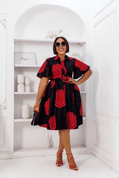 This LALA African Print Flare Sleeve Button Dress is sure to add a lil' va-va-voom to your wardrobe! Its high-quality fabric, fierce pocket detailing, and 'Oh-so-fabulous' flared sleeve make it the perfect fit for any stylish slay queen! Add your favorite slides and a mini bag for a legendary look - we guarantee you won't regret it! FEATURES. 100% African Wax Cotton Dress is Unlined Flare sleeves Button-down at the front. Matching belt Collar neckline Side pockets Model Is Wearing a Medium Dress length is 42-45 inches. CARE INSTRUCTION Hand Wash in Cold Water. Do Not Bleach. Press with Cool Iron on The Wrong Side Flared African Print Dresses, African Flare Dresses Ankara Styles, Flare Style Dresses, Flared Chitenge Dresses Classy, Africa Print Dress Ankara Fashion, Ankara Dress Styles Gowns Classy Flare, Unique Traditional Dresses, African Dresses For Teenagers, Flare Ankara Dress Styles