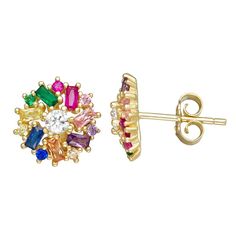 Decorated with colorful CZ gemstones, these 18k gold-over-silver studs are a vibrant addition to your jewelry collection. Decorated with colorful CZ gemstones, these 18k gold-over-silver studs are a vibrant addition to your jewelry collection. Length: 11 mm Backings: post Metal: sterling silver Plating: 18k gold flash plated Finish: polished Packaging: boxedSTONE DETAILS Stone type: cubic zirconia Total weight: 1 3/4 ct. Center stone size: 3 mm Shape: rectangle, round Setting: prong Gemstones ma Multicolor Cubic Zirconia Earrings, Elegant Colorful Earrings As A Gift, Elegant Colorful Earrings For Gift, Multicolor Cubic Zirconia Fine Jewelry Earrings, Fine Jewelry Multicolor Cubic Zirconia Earrings, Multicolor Cubic Zirconia Earrings Fine Jewelry, Gold Multi-stone Cubic Zirconia Earrings, Multi-stone Cubic Zirconia Earrings For Gift, Multicolor Cluster Earrings As Gift