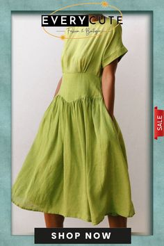 New Linen Grass Green Midi Dress Knee-length Shift Dress In Solid Color, Solid Color Shift Knee-length Dress, Elegant Shift Dress With Pockets, Green A-line Solid Color Midi Dress, Elegant Shift Midi Dress With Pockets, Solid Color A-line Dress With Pockets, Solid A-line Dresses With Pockets, Pleated Knee-length Midi Dress For Garden Party, Knee-length Pleated Midi Dress For Garden Party