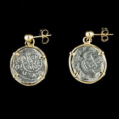 Frame - Solid 14K Gold Small Wrap Dimensions - 5/8" diameter (each earring is slightly smaller than a dime) Weight - 5.7 grams Now You Can Own a Piece of History! Atocha Silver is More Pure than Sterling Silver! The silver coin was hand cast using a formulated blend of silver ingots recovered from the Sunken Treasure of the Nuestra Senora de Atocha and fine Sterling Silver. The Nuestra Senora de Atocha (Our Lady of Atocha) Spanish Galleon shipwrecked on September 5, 1622, when it struck a reef d Yellow Gold Round Sterling Silver Earrings, Stamped 14k Gold Round Earrings, Yellow Gold Coin Pendant Dangle Jewelry, Yellow Gold Dangle Coin Pendant Jewelry, Nickel-free Gold Fine Jewelry Earrings, Yellow Gold Dangle Jewelry With Coin Pendant, Yellow Gold Round Earrings, Nickel-free Silver Earrings In 14k Gold, Nickel-free Silver 14k Gold Earrings