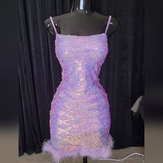 Lavender Sequin Dress With Under Lining. Beautiful Feathered Hem. Personal Measurements For Reference (Last Picture) Bust 32 Ddd Waist 28 Hips 40 5'3 Wearing A Medium Lavender Mini Dress For Party, Purple Mini Dress With Sequins And Spaghetti Straps, Lavender Spaghetti Strap Mini Dress For Party, Lavender Knee-length Party Dress, Wedding Guest Guide, Sparkly Short Dress, Feather Mini Dress, Dress With Feathers, 2024 Dresses