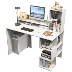 a computer desk with a monitor, keyboard and bookshelf on top of it