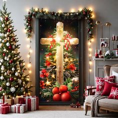 a christmas scene with a cross on the door and presents around it in front of a fireplace