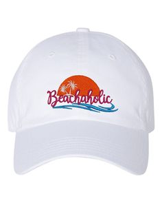 "Beachaholic beach lover embroidered cap with colorful ocean wave and palm trees and sun on a cotton twill cap, one size.  100% cotton twill cap-6-panel-unstructured-Vacation Hat-Mens or Womens cap for beach vacation lover gift unisex ball cap.  Colors can be change to suit color of hat chosen. Anvil Brand Adult Solid Low-Profile Twill  Features: *100% cotton twill *6-panel, low-profile *unstructured with top button and two metal grommets on side panels *matching color sweatband *fabric closure Vacation Hat, Embroidered Cap, Embroidered Caps, Beach Lover, Embroidered Hats, Ocean Wave, Brass Buckle, Beach Lovers, Caps For Women