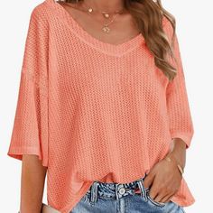 Features: Waffle Knited Tops With Sexy V Neck Design, It Can Easily Wear As A Off The Shoulder Shirts. Loose Batwing Half Sleeve, Asymmetrical High And Low Hem, Side Split Tops, Semi Sheer Design Makes This Blouse More Perfect Suit For Dates. Our Wardrobes All Need Such A Casual Basic Solid Color Shirt. Light Orange Loose Blouse, Solid Color Shirt, Shoulder Shirts, Waffle Knit, Light Orange, Neck Designs, Half Sleeves, High & Low, Off The Shoulder