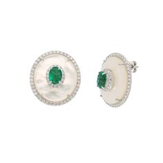 Designer Mother Of Pearl Gemstone Earring 18k White Gold Natural Diamond Stud Earring / Dainty Emerald Post Earring For Wedding Anniversary STONE DETAILS : ❋ Stone : Emerald, Mother Of Pearl & Diamond   ❋ Stone Size : 5x7 MM / 18x21 MM Approx. (± 0.20 MM) ❋ Stone Shape : Oval Cut ❋ Stone Color : As Shown In Picture ❋ Color Stone Weight : 22.19 Cts. Approx. ❋ Diamond Weight : 1.49 Cts. Approx. ❋ Diamond Quality : FG-SI ❋ Stone / Diamond Type : Natural METAL DETAILS : ❋ Metal Purity : Solid 18K Go Luxury Multi-stone Diamond Earrings, Multi-stone White Gold Earrings For Formal Occasions, Luxury Multi-stone Diamond Earrings For Anniversary, Luxury Multi-stone White Gold Earrings, Luxury White Gold Multi-stone Earrings, Luxury Oval Diamond Earrings With Gemstones, Formal Multi-stone Fine Jewelry Earrings, Elegant Multi-stone Cluster Earrings For Anniversary, Luxury Gemstone Cluster Earrings For Anniversary