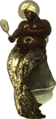 a statue of a woman holding a tennis racquet in her right hand and wearing a gold sequin skirt