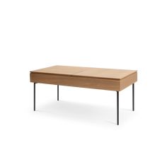 a wooden table with black legs and an open drawer on the top, against a white background