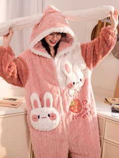 Fabric: polyester Warm up in style with this double-sized, dreamy, and cozy pajama set made from breathable, fleece-like material. Perfect for staying warm in chilly temperatures! Emo Design, Kawaii Scene, Emo Designs, Hello Kitty Water Bottle, Strawberry Bunny, Footie Pajamas, Clueless Outfits, Pink Pajamas, Bunny Outfit