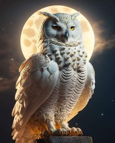 an owl sitting on top of a cement block in front of a full moon with stars