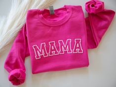 Neon Puff Pink Sweatshirt, Hot pink Mom, Mama Sweatshirt, Mothers Day Gift, Cool Mom, First Mothers Day Gift, Mom Life Shirt, New Mom Gifts    DETAILS    Our Mama sweatshirt boast an exceptional level of softness and comfort - SO COZY! Designed as unisex apparel, we recommend reviewing our size chart to guarantee the accurate selection of your preferred size. Bright pink sweatshirt with light pink puffy MAMA text as shown in our listing photo    FABRICATION    8 oz., 50% Cotton/ 50% Polyester - cozy, soft interior Preshrunk Classic fit, seamless body    MATERIALS    Puff Text    CARE INSTRUCTIONS    Machine wash Please do not iron on print    RETURN POLICY    Due to the personalization, we're unable to accept returns/exchanges.    EVERYTHING DECORATED LLC    We sincerely hope you adore you Puff Vinyl Mama Shirt, Pink Relaxed Fit Sweatshirt For Mother's Day, Mama Hoodie Vinyl, Hot Pink Crewneck, Mama Sweatshirt Pink, Hot Pink Sweatshirt, First Mothers Day Gifts, Mom Life Shirt, First Mothers Day