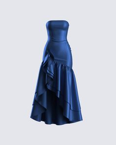 Leave them in awe when you walk in wearing this navy ruffle maxi dress 👑 Crafted from satin charmeuse fabric, and complete with a layered ruffle hem, a slit on the left leg, princess seams, and gripper tape along the top opening for an elegant and breathtaking look 💙 Very Formal Dresses, Cheap Winter Formal Dresses, Blue Dress For Homecoming, Black Dress With Blue Accessories, Prom Dresses Timeless, Paris Themed Dress, Mamma Mia Formal Dress, Long Blue Silk Dress, Dress Bottom Designs